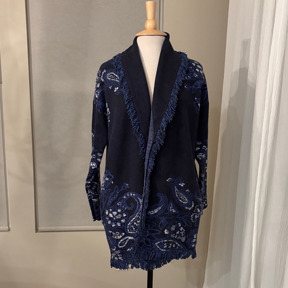 Chico's Dark Blue Paisley Cardigan with Fringe
